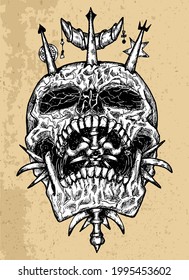 Textured black and white scary illustration of vector skull with wand and magic symbols. Mystic isolated drawing for Halloween with esoteric, gothic, occult concept