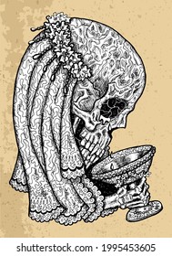 Textured black and white scary illustration of vector skull wearing bridal veiling and crown holding cup. Mystic isolated drawing for Halloween with esoteric, gothic, occult concept