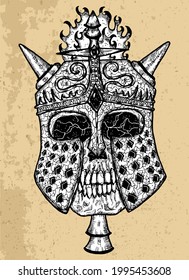 Textured black and white scary illustration of vector skull wearing knight helm with horns. Mystic isolated drawing for Halloween with esoteric, gothic, occult concept