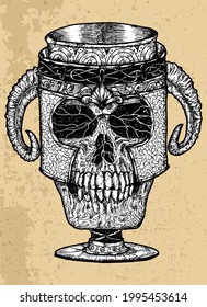Textured black and white scary illustration of vector skull as a cup with horns. Mystic isolated drawing for Halloween with esoteric, gothic, occult concept