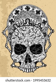 Textured black and white scary illustration of vector skull with decorated crown. Mystic isolated drawing for Halloween with esoteric, gothic, occult concept