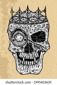 Textured black and white scary illustration of vector skull of king wearing crown. Mystic isolated drawing for Halloween with esoteric, gothic, occult concept