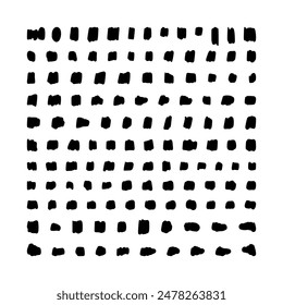 Patrón cuadrado en blanco y negro texturizado de puntos Pequeños dibujados a mano al azar horizontal y verticalmente. Ilustración vectorial sobre fondo aislado blanco.