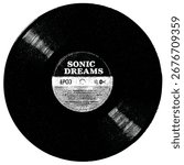 A textured black and white vinyl record with a label that reads "SONIC DREAMS"
