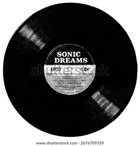 A textured black and white vinyl record with a label that reads 