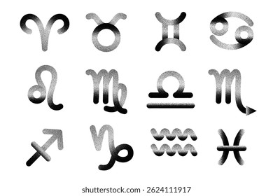 Textured black zodiac signs on a white background.