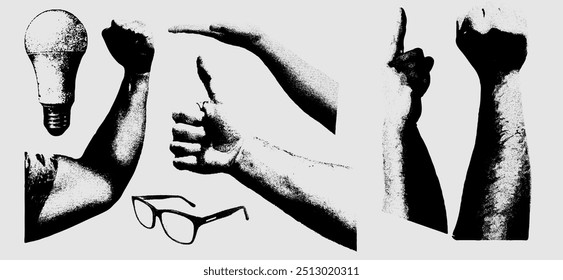 A textured black-and-white collage of arms, hands, a light bulb, and glasses, combining grainy elements and minimalist design for a retro feel. Vector illustration