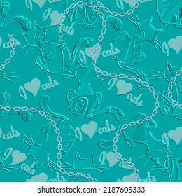 Textured blue 3d kittens seamless pattern. Emboss vector grunge background. Embossed lines cats, love hearts, chains. I love cats phrases. Modern repeat surface cats and letters backdrop. Texture.