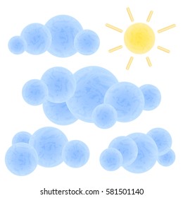 Textured blue clouds and sun on blue background. Sunny sky vector illustration. Round shapes clouds with felt effect. Cartoon rain cloud and sun clipart. Summer sky banner template with place for text
