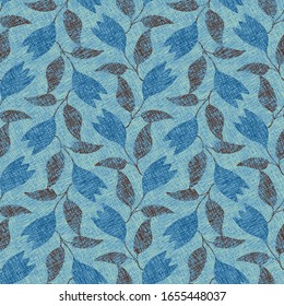 textured blue flowers seamless vector pattern