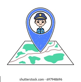 Textured blue geotag icon with policeman portrait pointing at a map. Friendly smiling male police officer. Police post/station/department location. GPS navigation concept. Professional security guard.