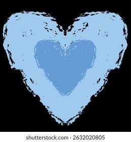A textured blue heart with a rough, grunge-like edge and a darker blue heart layered inside, set against a black background.