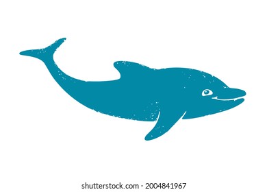 Delfín pintado de color azul sonriente aislado en un fondo blanco. Un animal marino al estilo de las caricaturas. Ilustración dibujada a mano con vectores planos
