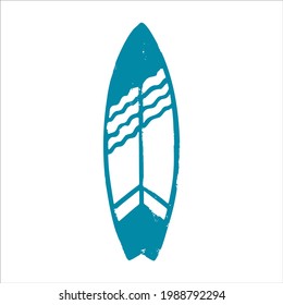 Textured blue surfboard isolated on white background. Vector shabby hand drawn illustration