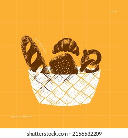 Textured bread illustration. Bread in a basket. Vintage abstract illustration.