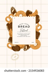 Textured bread illustration. Bread and flour design template. Minimalist vintage poster.