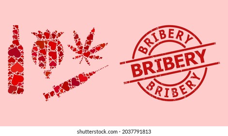 Textured Bribery stamp seal, and red love heart collage for addiction drugs. Red round stamp seal has Bribery text inside circle. Addiction drugs collage is composed with red romance symbols.