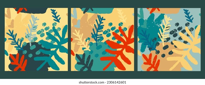 Textured, bright, grunge leaves. Set of vector seamless patterns. For design, print, fabric, wallpaper, paper.