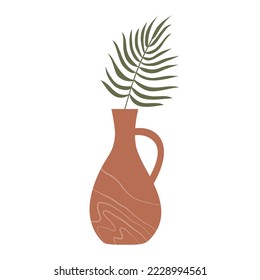 Textured brown vase with a tropical plant branch isolated on a white background. Vector element mid-century modern style earth tones