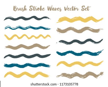 Textured brush stroke waves vector set. Hand drawn gold blue brushstrokes, ink splashes, watercolor splats, hand painted curls. Color combinations catalog elements. Summer design paint brush curves.