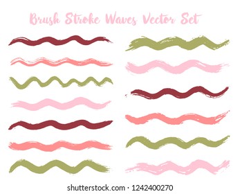 Textured brush stroke waves vector set. Hand drawn green cherry pink brushstrokes, ink splashes, watercolor splats, hand painted curls. Interior paint color palette swatches. Wavy stripes vector set.