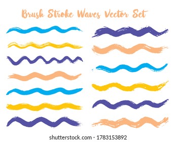 Textured brush stroke waves vector set. Hand drawn blue yellow brushstrokes, ink splashes, watercolor splats, hand painted curls. Vector ink color palette samples. Textured waves, stripes design.