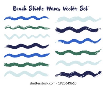 Textured brush stroke waves vector set. Hand drawn blue teal brushstrokes, ink splashes, watercolor splats, hand painted curls. Interior colors scheme swatches. Wavy stripes vector set.
