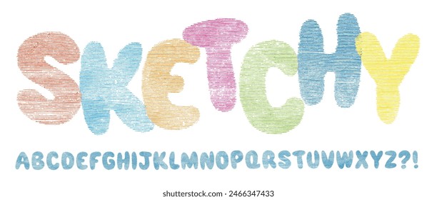 Textured bubble font with rough etched lines. Works well for larger headings. Textures taken from vintage line drawings. Individually textured characters. Unique design font