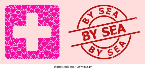 Textured By Sea seal, and pink love heart mosaic for medical box. Red round seal contains By Sea tag inside circle. Medical box mosaic is constructed with pink amour icons.
