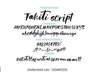 Textured calligraphy hand drawn vector alphabet. Rough grunge font. Latin script typeset with letters and numbers.