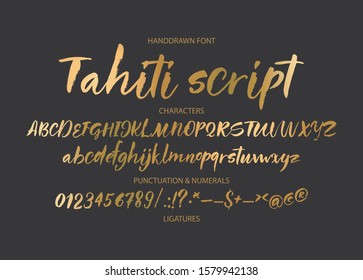 Textured calligraphy hand drawn vector alphabet. Rough grunge font. Latin golden script typeset with letters and numbers.