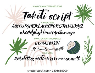 Textured calligraphy hand drawn vector alphabet. Rough grunge font. Latin script typeset with letters and numbers.