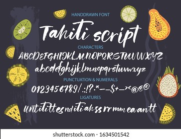 Textured calligraphy hand drawn vector alphabet. Rough grunge font. Latin tropical script typeset with letters and numbers.