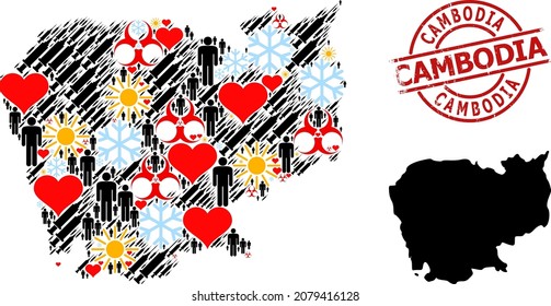 Textured Cambodia stamp seal, and frost humans Covid-2019 treatment mosaic map of Cambodia. Red round stamp seal includes Cambodia tag inside circle. Map of Cambodia mosaic is constructed with snow,