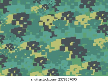 Textured camouflage background in green tonality for textiles or fabrics. Square army pattern for backgrounds or textures, covers, fashion trends, prints, scrapbooking, posters, wallpaper, etc. Vector