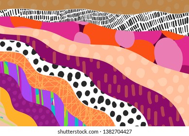 Textured cartoon hand drawn cartoon background. Vibrant colors and different forms. Orange white black beige purple pink