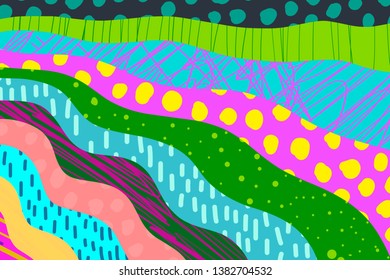 Textured cartoon hand drawn cartoon background. Vibrant colors and different forms. Turquoise green yellow blue pink purple orange