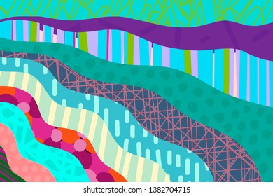 Textured cartoon hand drawn cartoon background. Vibrant colors and different forms. Turquoise blue violet green red pink orange