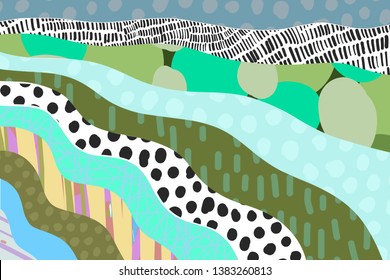 Textured cartoon hand drawn cartoon background. Vibrant colors and different forms. Green yellow grey green blue black white