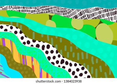 Textured cartoon hand drawn cartoon background. Vibrant colors and different forms. Green blue orange black white patch