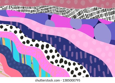 Textured cartoon hand drawn cartoon background. Vibrant colors and different forms. Pastel pink purple violet black white blue