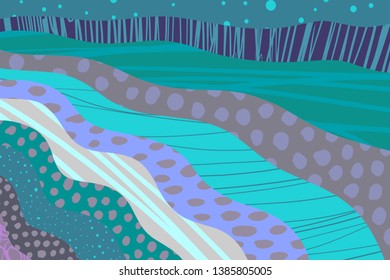 Textured cartoon hand drawn cartoon background. Vibrant colors and different forms. Turquoise blue dark light grey