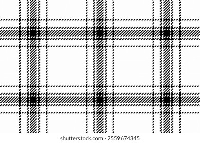 Textured check textile plaid, choose vector fabric background. Primary tartan seamless texture pattern in white and black colors palette.