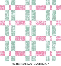 textured Checked rectangle geometric seamless pattern design with soft pastel green and pink coloured on slub grunge textured white background used for textile.