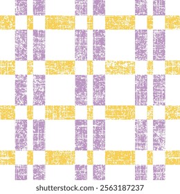 textured Checked rectangle geometric seamless pattern design with soft purple and yellow coloured on slub grunge textured white background used for textile.