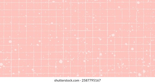 Textured checkered pink paper covered with ink sprays. Tiny white splashes and watercolor stains on the background, gritty halftone details.