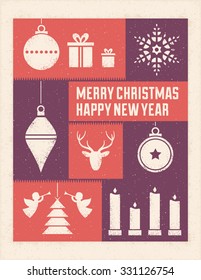 Textured christmas card with text and ornaments. Only solid fills used. Vector format.