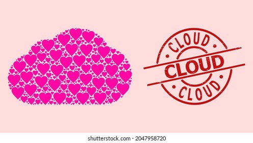 Textured Cloud stamp seal, and pink love heart pattern for cloud. Red round stamp seal includes Cloud caption inside circle. Cloud collage is composed with pink wedding icons.