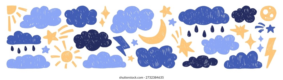 Textured clouds set in doodle style. Different weather in the sky. Cute sun with rays, moon, shooting stars, thunders and rain drops. Flat isolated hand drawn vector illustrations on white background