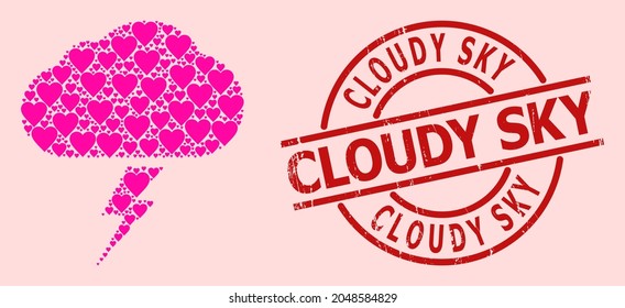 Textured Cloudy Sky seal, and pink love heart mosaic for thunderstorm. Red round stamp seal contains Cloudy Sky tag inside circle. Thunderstorm mosaic is constructed from pink amour elements.